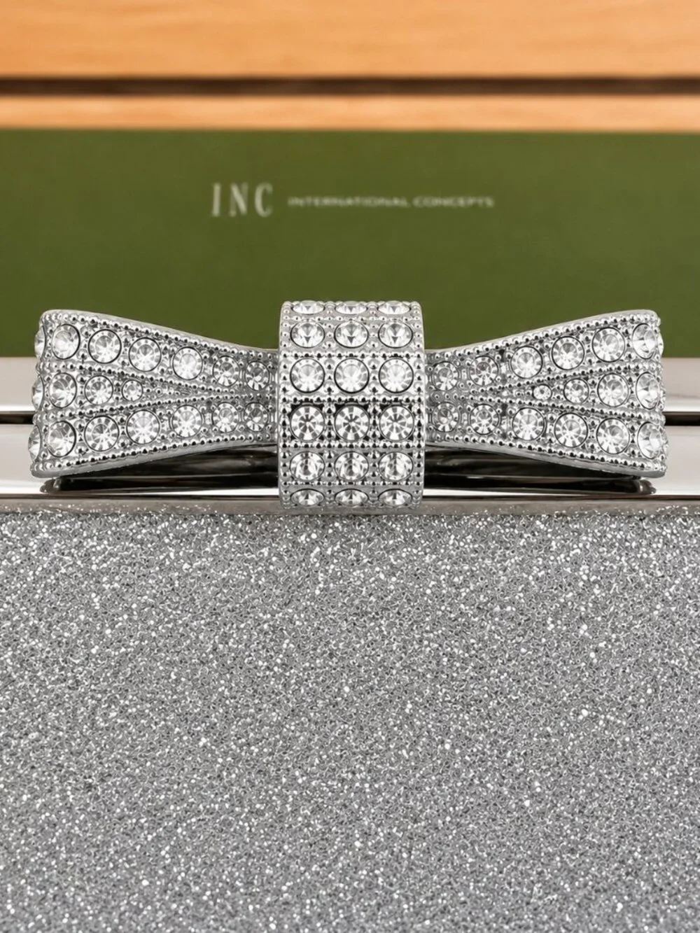 INC International Concepts Silver Glitter Bow Minaudière Clutch